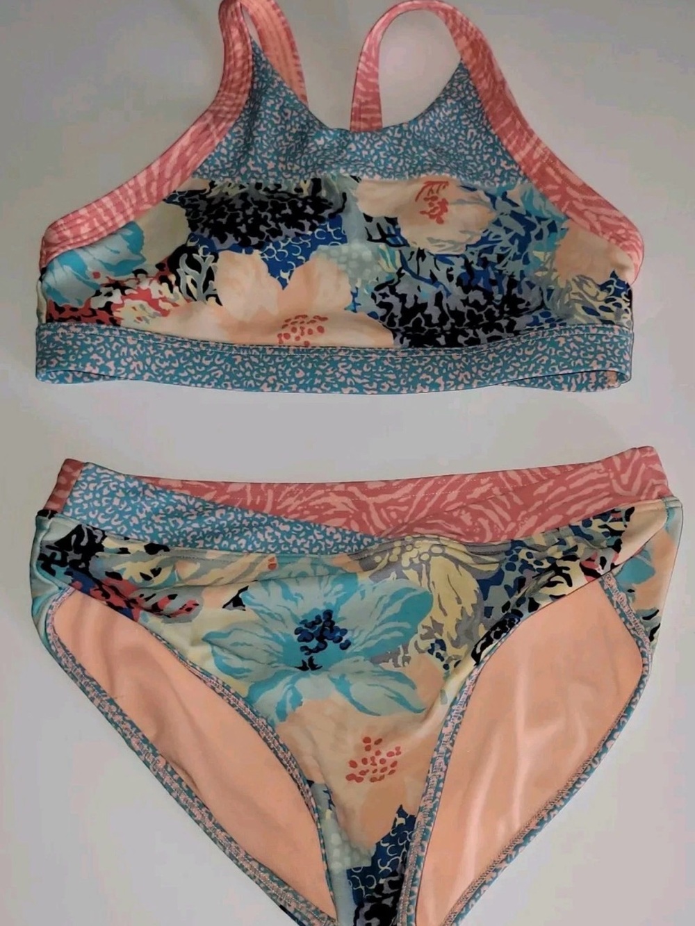 Athleta girls 12 bikini set clean peach blue has cups athletic look worn 2X